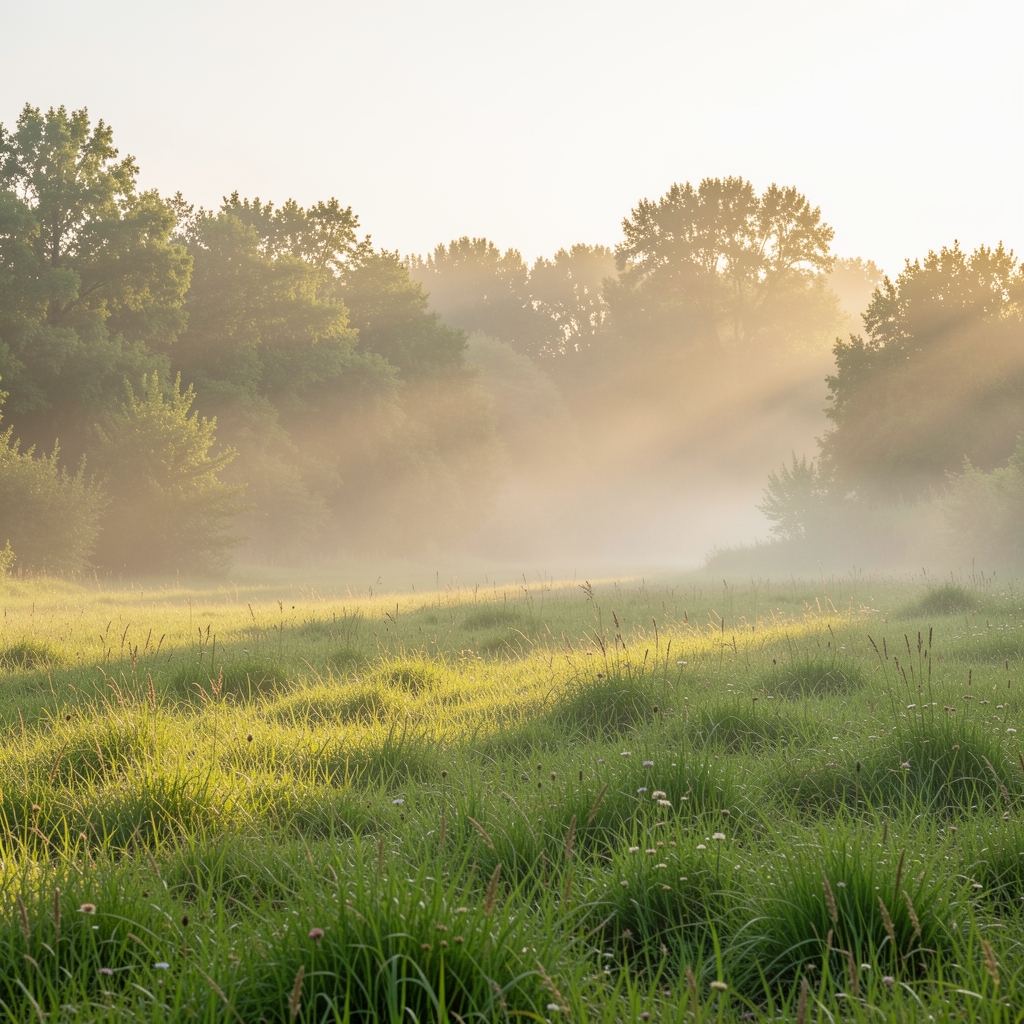 Paysage naturel serein au petit matin avec de la brume légère sur une prairie verdoyante, lumière dorée rasante, végétation dense en arrière-plan