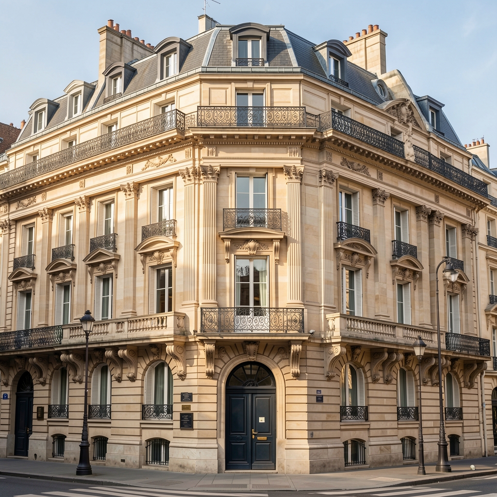 Façade haussmannienne élégante d'un immeuble parisien en pierre de taille avec des balcons en fer forgé, ciel bleu clair, ambiance calme et institutionnelle du quartier de la Paix