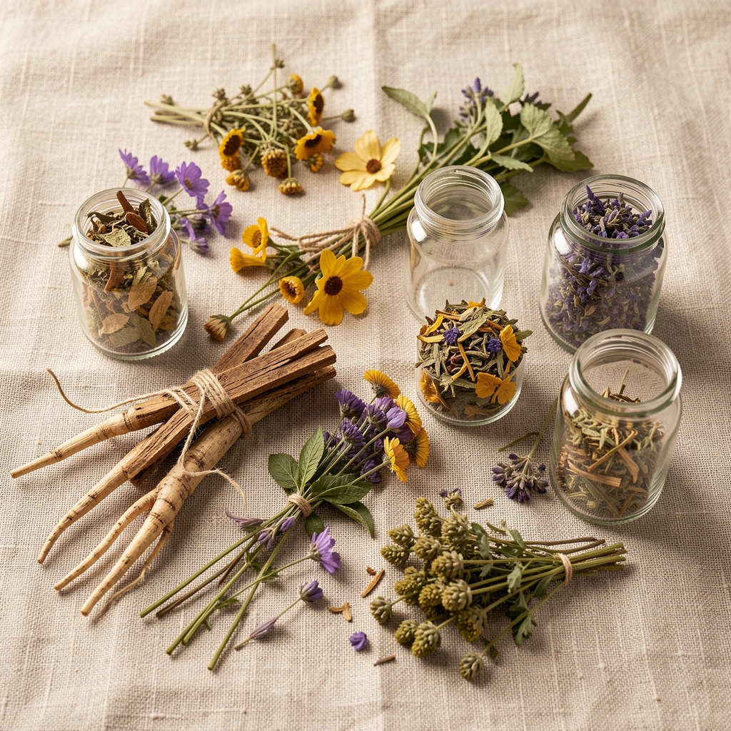 Arrangement de plantes médicinales séchées — racines, fleurs et herbes variées — disposées sur du lin naturel beige avec des petits bocaux en verre transparent