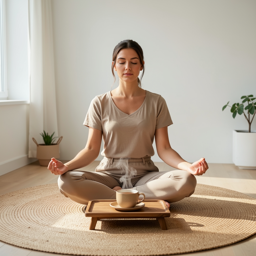 Femme assise en posture de méditation sur un tapis en fibres naturelles, plateau en bois devant elle avec une tasse de thé fumante, ambiance calme et lumineuse dans une pièce minimaliste